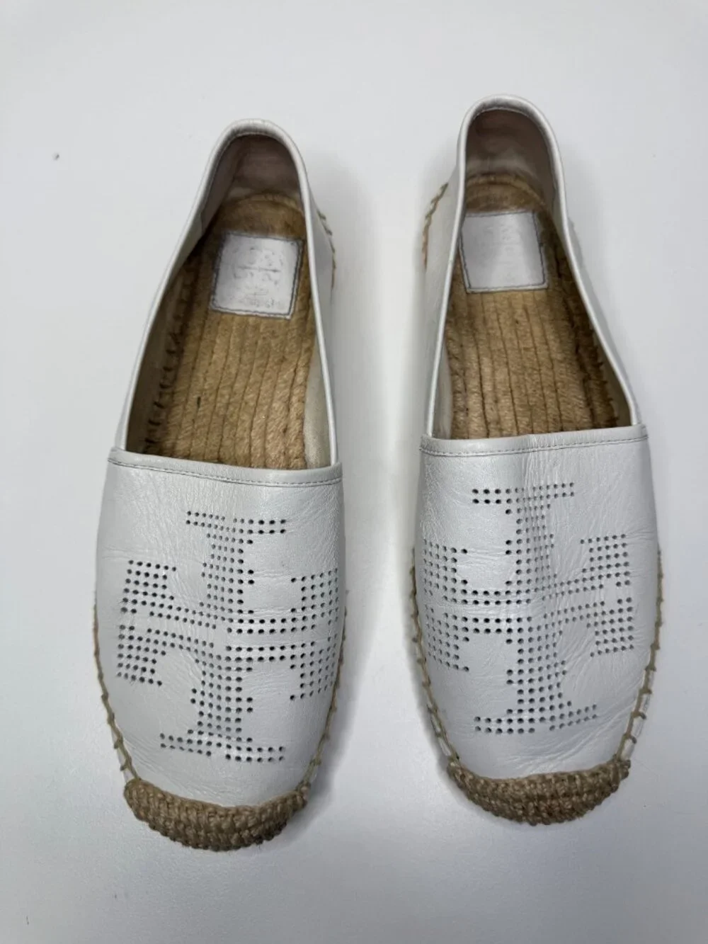 Tory Burch Perforated Logo Espadrille Womens 9.5 White Leather Jute Trim Flats